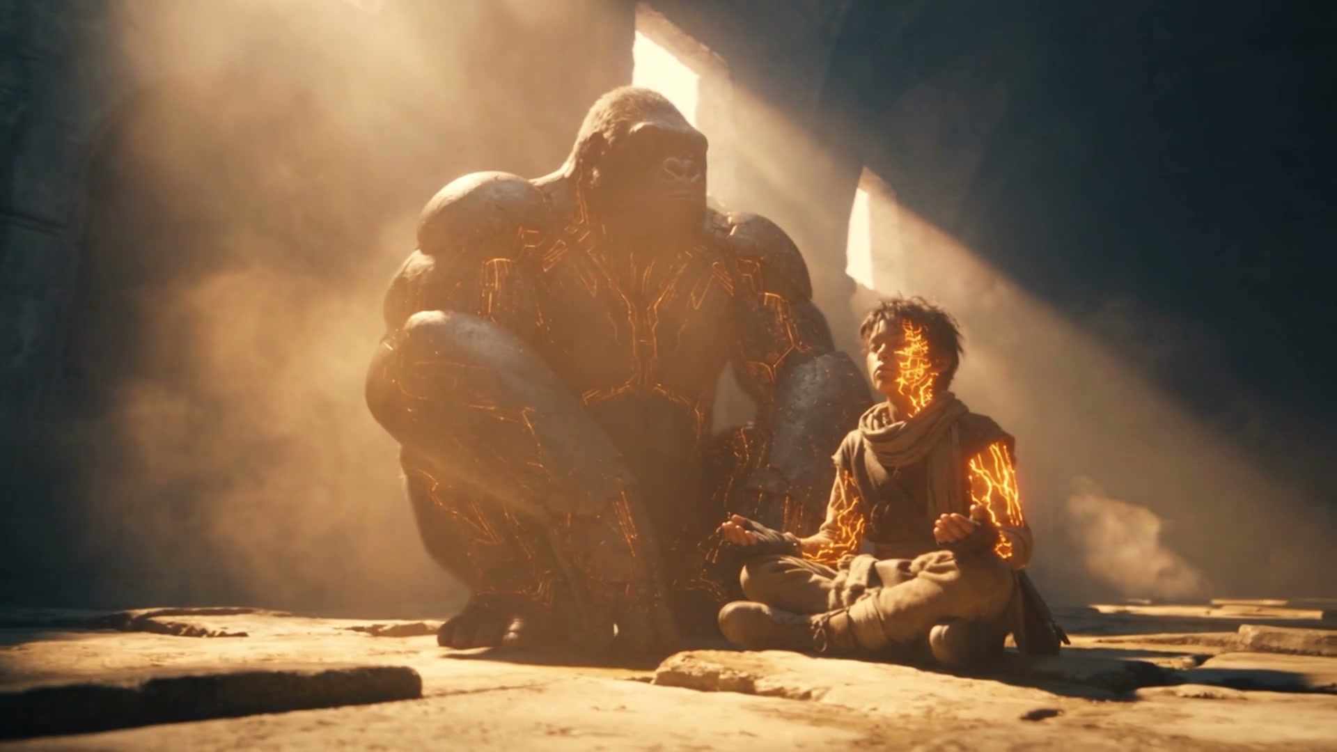 Child and glowing ape meditate face to face in a sunlit stone hall
