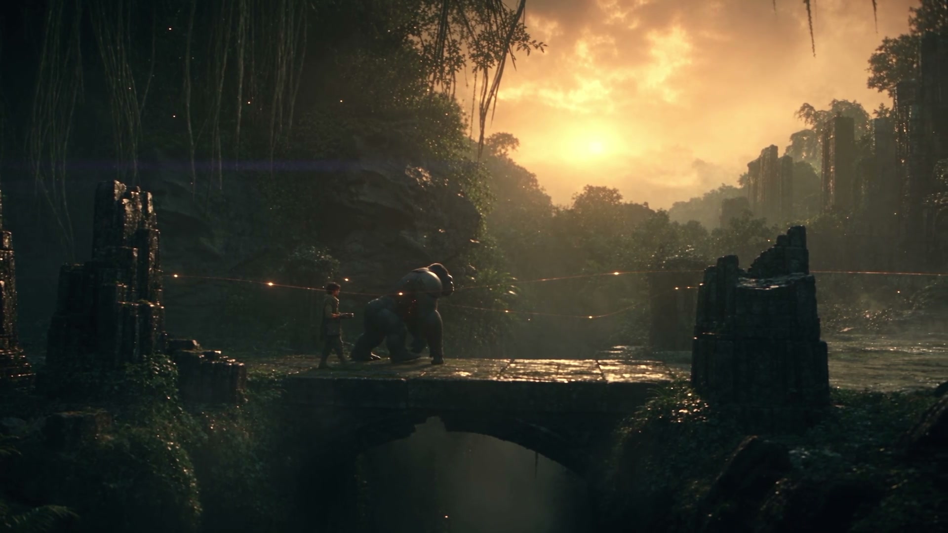 Child and ape cross a jungle bridge at sunset