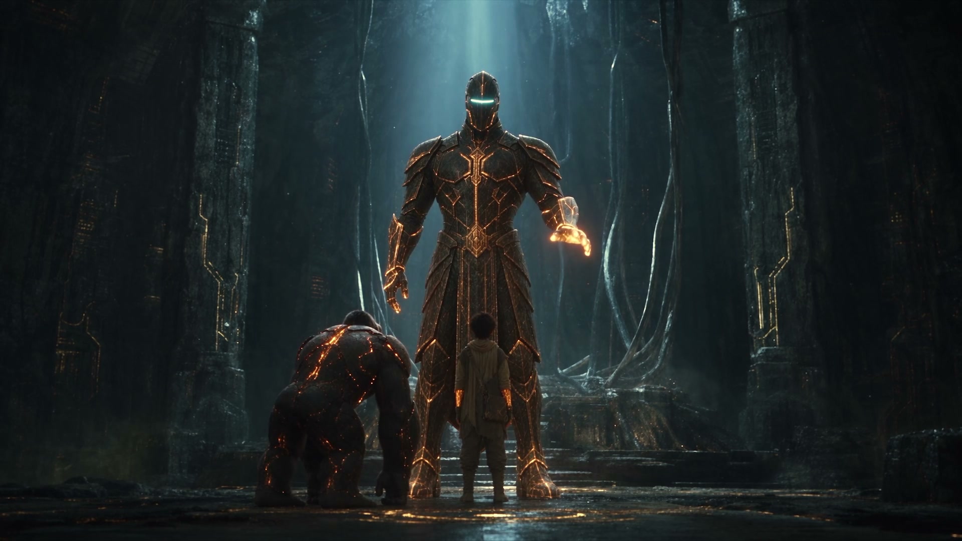 Child and ape before a towering armored figure of light
